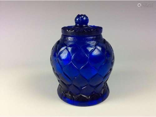 Fine Chinese glass pot, blue color, marked.