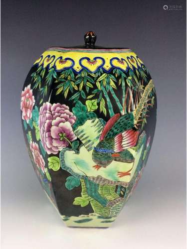 (B) Chinese black ground porcelain hexagonal lidded pot, painted with bird and peony.