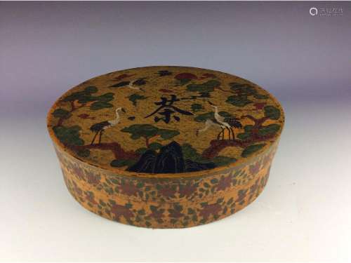 Vintage Chinese lacquer oval box with pine trees and cranes
