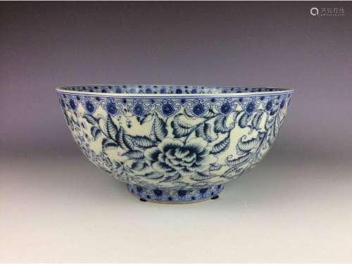 Large Chinese porcelain bowl, blue & white glazed, decorated, marked
