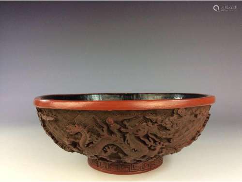 Fine Chinese Carved Lacquer Cinnabar bowl, decorated with dragon designed. Marked