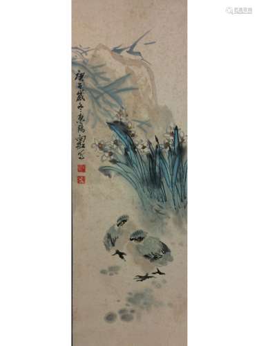 Chinese hand painted hanging scroll, with narcissus and chicken, water color and ink on paper.