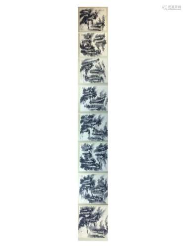 Chinese painting, hand painted leaves, 8 ndividual painting leaves,depicting landscaping with ink and water color on paper.