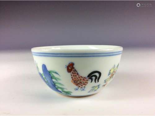 Chinese cup in blue and white with over glaze colors marked
