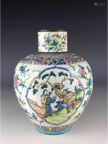 Vintage & fine Chinese enomel jar with lid, decrodated