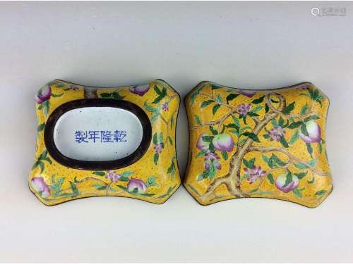 Chinese cloisonne box with peach branch, mark on base.