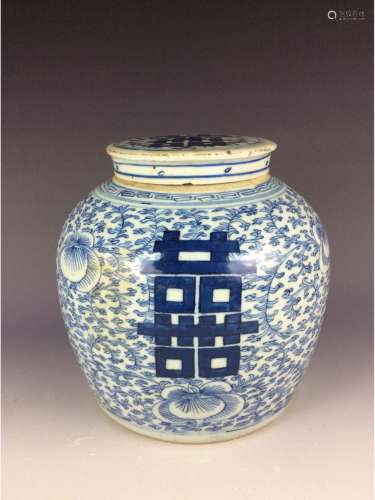 20th C Chinese porcleian jar with lid, white & blue glaze, decrodated