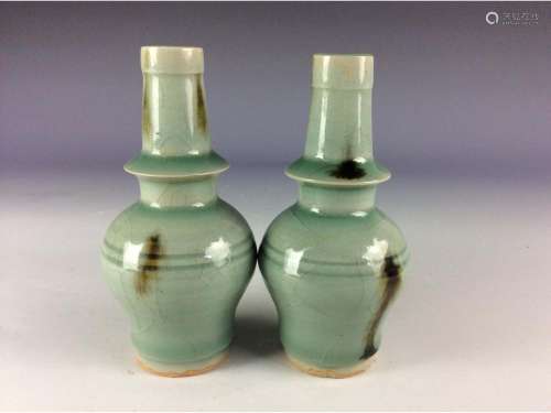 Pair of Chinese celadon vases with dark iron-brown splashes