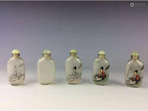 Set of 5 pieces Chinese glass snuff bottles with inner painting.