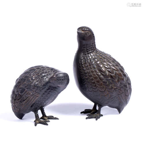 Pair of bronze quails Japanese, 20th Century shown pruning and standing in an alert pose 9cm and 15c