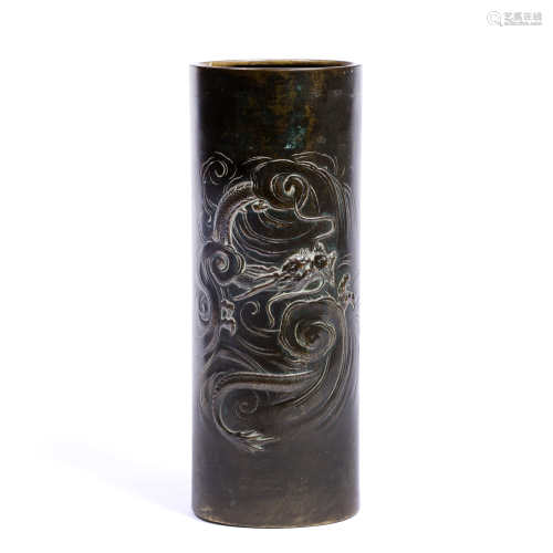 Bronze ikebana vase Japanese, Meiji Period of cylindrical form, cast in relief with a dragon