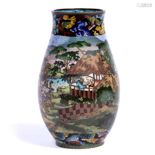 Cloisonee ovoid vase Japanese, 19th Century decorated with two thatched cottages with figures