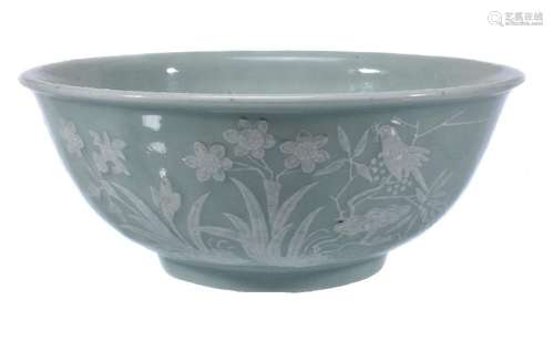 A Chinese celadon-ground white-slip decorated 'Bird'