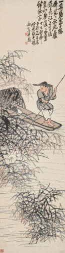 王震（1867～1938） 丁巳1917年作 芦荻渔父 立轴 设色纸本