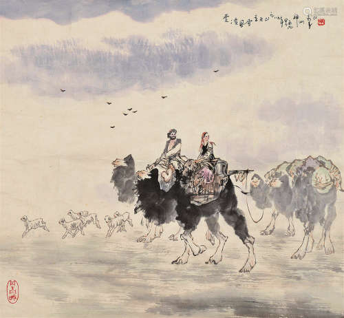 李山（b.1927） 1989年作 爱凌风雪走天山 镜片 设色纸本