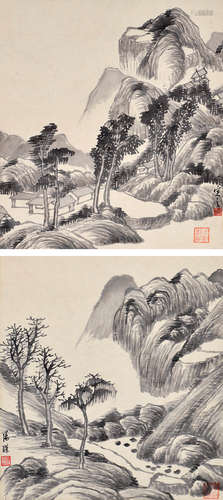 汤涤（1878～1948） 山水双挖 立轴 水墨纸本