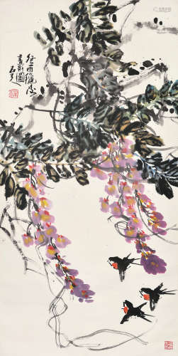 郭石夫（b.1945） 癸酉1993年作 紫藤小鸟 立轴 设色纸本