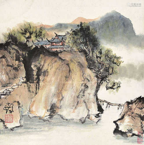 程十发（1921～2007） 溪山古寺 镜框 设色纸本