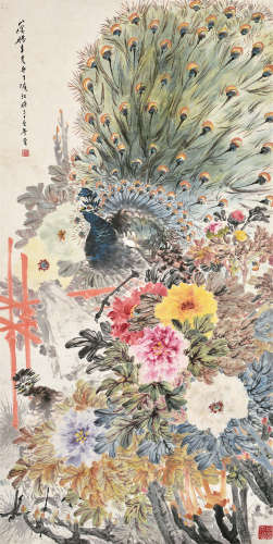 张聿光（1885～1968） 1946年作 孔雀牡丹 立轴 设色纸本