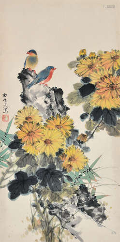 田世光（1916～1999） 菊石双雀 镜片 设色纸本