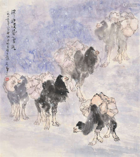 李山（b.1926） 1986年作 茫茫沙漠风雪路 镜片 设色纸本