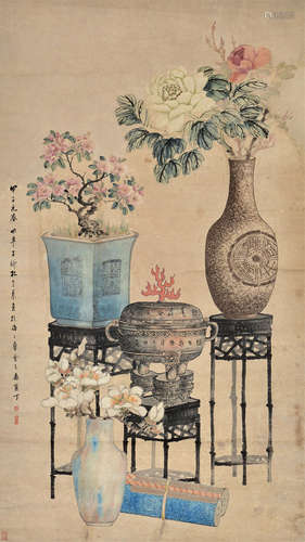 孔子瑜（1873～1926） 甲子1924年作 清供 立轴 设色纸本