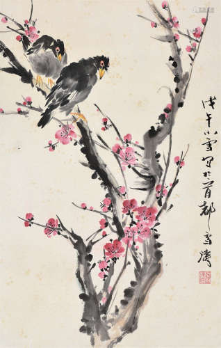 王雪涛（1903～1982） 戊午1978年作 桃花双禽 镜片 设色纸本