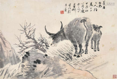 倪墨耕（1855～1919） 甲辰1904年作 山村牧牛 立轴 设色纸本