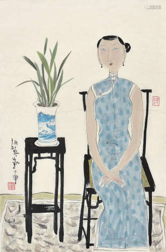 胡永凯（b.1945） 少女 镜片 设色纸本