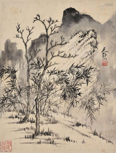 吴静山（b.1943） 幽篁竹石图 镜片 水墨纸本