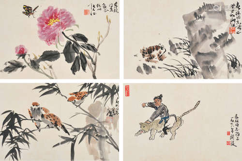 关良（1900～1986）等 花鸟人物 镜片 （四开） 设色纸本