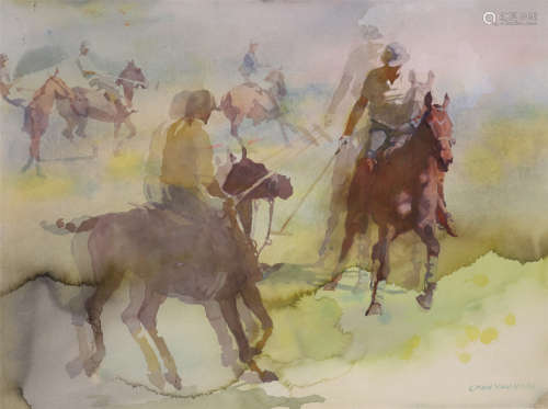 陳衍寧（1945-）    馬球賽    水彩畫    鏡框