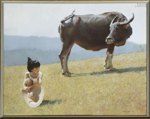 陳衍寧（1945-）    女孩與牛    油彩畫布    畫框