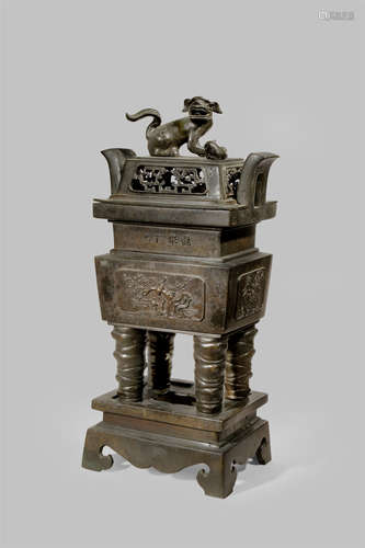 A LARGE CHINESE BRONZE 'THREE FRIENDS OF WINTER' INCENSE BURNER AND COVER