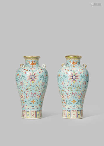 A PAIR OF CHINESE FAMILLE ROSE TURQUOISE-GROUND 'LOTUS' VASES