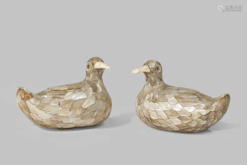 A PAIR OF CHINESE MOTHER OF PEARL DUCK-SHAPED BOXES AND COVERS