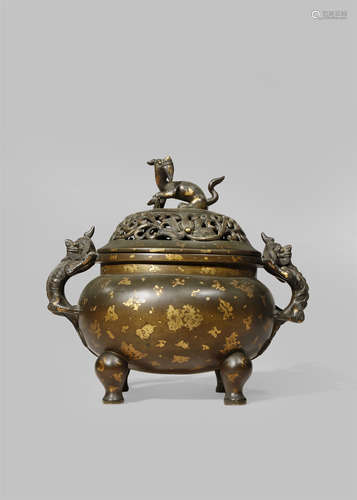 A CHINESE GOLD-SPLASHED BRONZE INCENSE BURNER