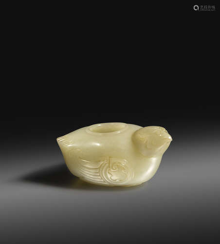 A CHINESE PALE CELADON JADE ARCHAISTIC 'QUAIL' WATER POT