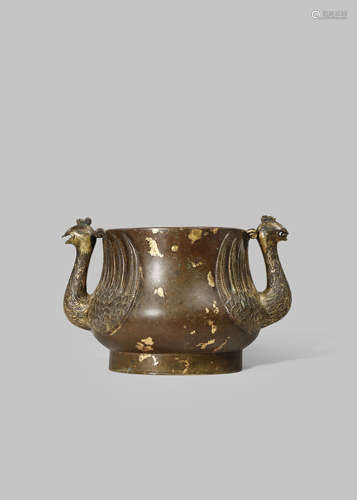 A RARE CHINESE GOLD-SPLASHED BRONZE 'PHOENIX' INCENSE BURNER