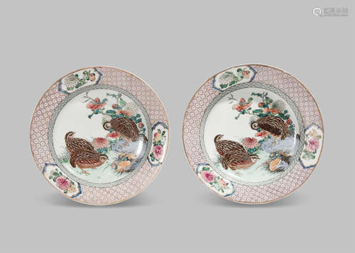 A PAIR OF CHINESE RUBY-BACKED 'THREE QUAIL' DISHES