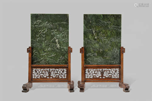 A PAIR OF CHINESE SPINACH-GREEN JADE TABLE SCREENS