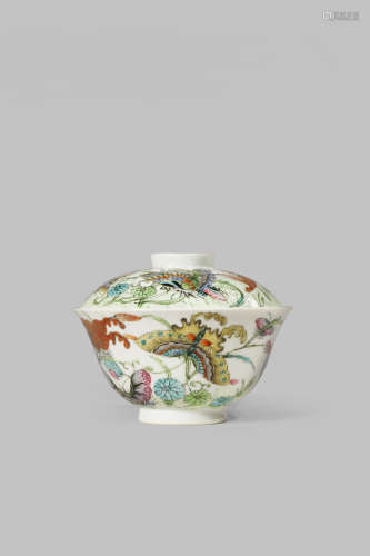 A CHINESE FAMILLE ROSE 'BUTTERFLY' BOWL AND COVER