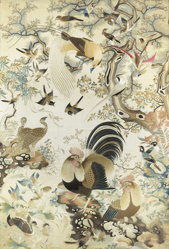 A CHINESE EMBROIDERY ON SILK OF 'THE ONE HUNDRED BIRDS'