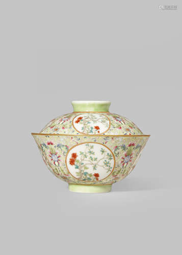 A CHINESE FAMILLE ROSE LIME GREEN-GROUND BOWL AND COVER