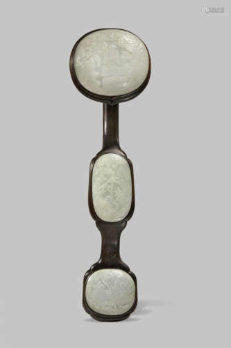 A CHINESE JADE-MOUNTED WOOD RUYI SCEPTRE