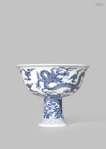 A CHINESE BLUE AND WHITE MING-STYLE 'DRAGON' STEM CUP