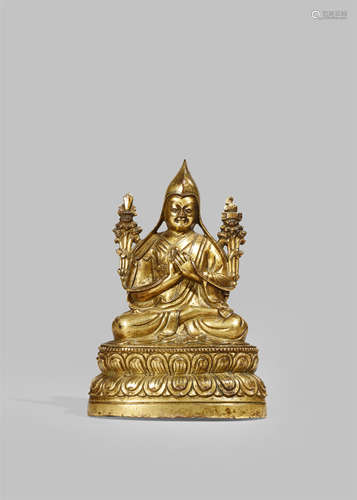 A TIBETAN GILT-COPPER SCULPTURE OF TSONGKHAPA