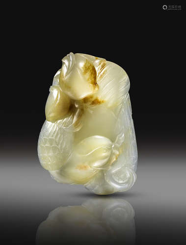 A FINE CHINESE PALE CELADON JADE CARVING OF A PARROT