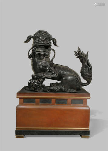 A MASSIVE CHINESE BRONZE LION DOG INCENSE BURNER