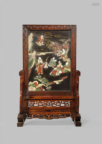 A CHINESE LACQUER 'EIGHT LUOHANS' TABLE SCREEN